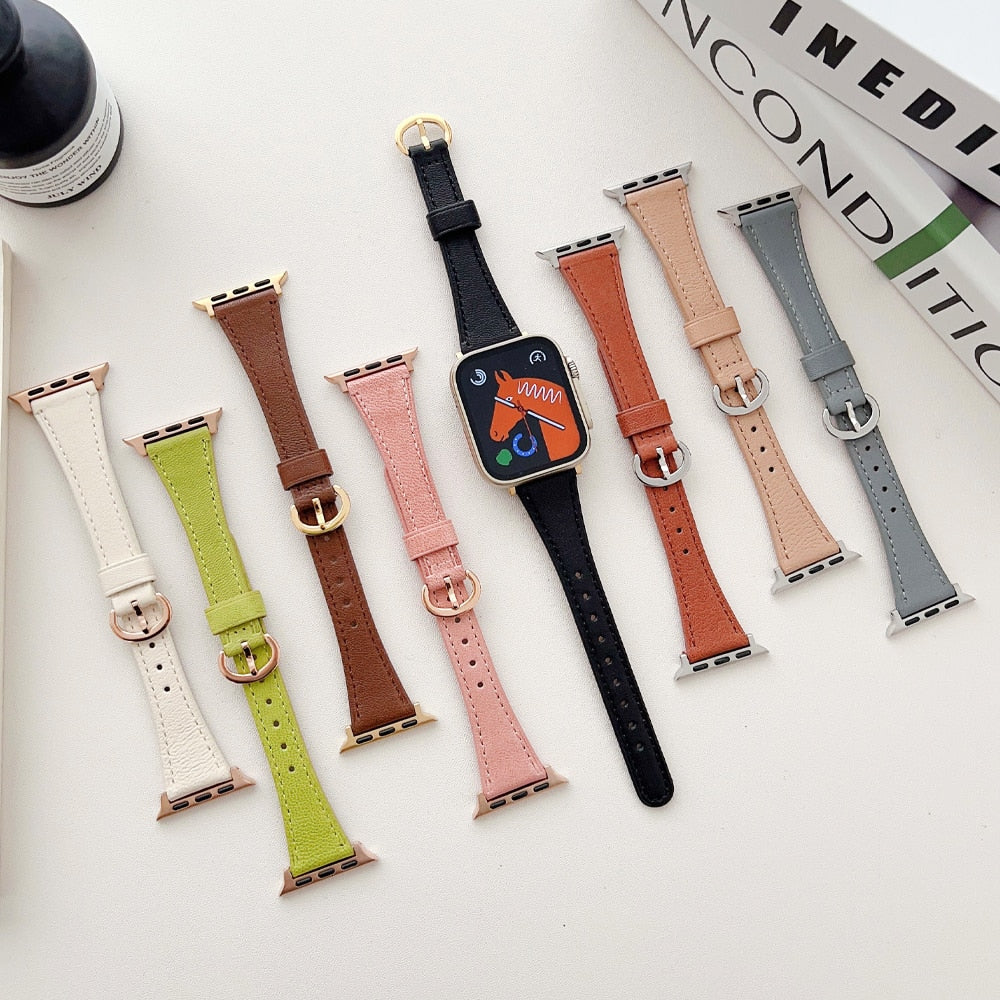 Genuine Leather Slim Strap For Apple Watch Series 8 7 SE 6 3 4 5 Ultra 49mm Band For iWatch 41mm 40 44 45 38mm 42mm Women Correa