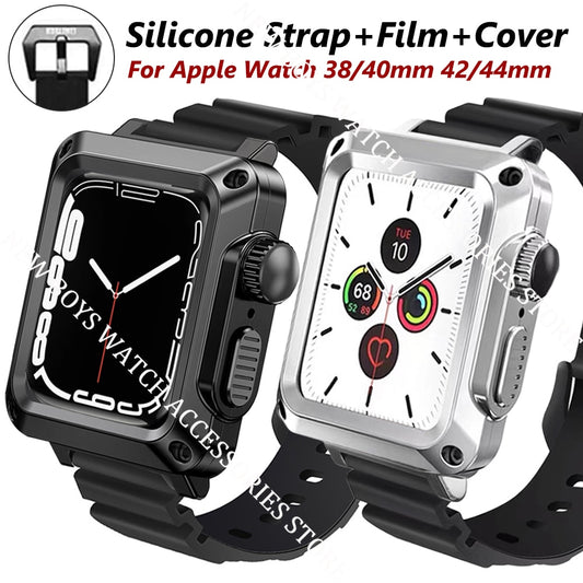 Silicone Watch Band+Case For Apple Watch 7 65 SE Set For iWatch 38 40 42/44mm Tempered Glass Alloy Cover Modification Kit Strap