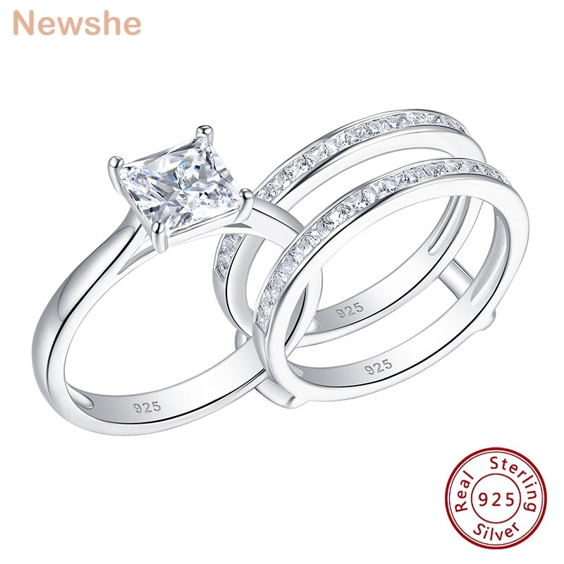 Newshe Solid 925 Sterling Silver Wedding Rings for Women Solitaire Princess Cut Engagement Ring Eternity AAAAA Zircon Guard Band