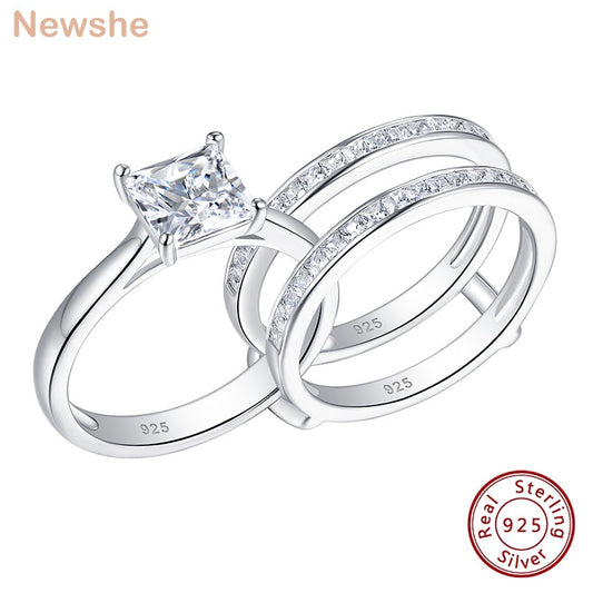 Newshe Solid 925 Sterling Silver Wedding Rings for Women Solitaire Princess Cut Engagement Ring Eternity AAAAA Zircon Guard Band