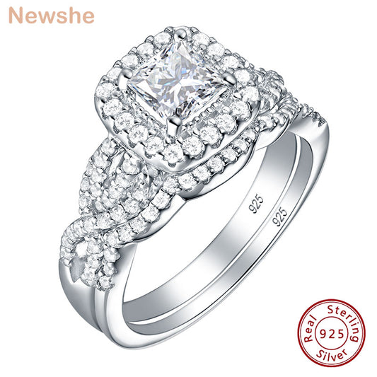 Newshe 2 Pcs 925 Sterling Silver Engagement Ring Wedding Band For Women Princess Cut White AAAAA Cubic Zirconia Classic Jewelry