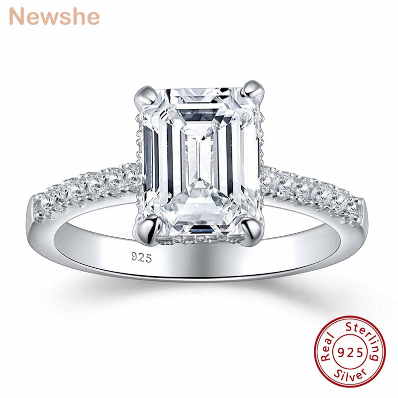 Newshe Solid 925 Sterling Silver Engagement Rings For Women Emerald Cut Hide Halo Cubic Zircon Sparking Wedding Fine Jewelry