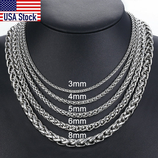 3/4/5/6/8mm Braided Wheat Link Chain For Men Women Stainless Steel Spiga Franco Necklace Hip Hop Jewelry 18-24inch dropshipping