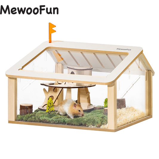 MEWOOFUN Wooden Hamster Cage Small Animal Acrylic Eco-Friendly Hamster Cage with House Bed High Quality Design Pets Supplier