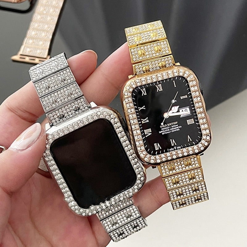 Luxury Diamond Band For Apple Watch 8 7 41 45mm Ultra 49mm For iWatch Series 6 SE 5 4 38 40 42 44mm Women Stainless Steel Strap