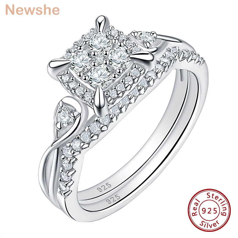 Newshe Exclusive Bridal Set for Women 2 Pcs Solid 925 Sterling Silver Wedding Rings Halo Round Cut Clustered 5A CZ Fine Jewelry