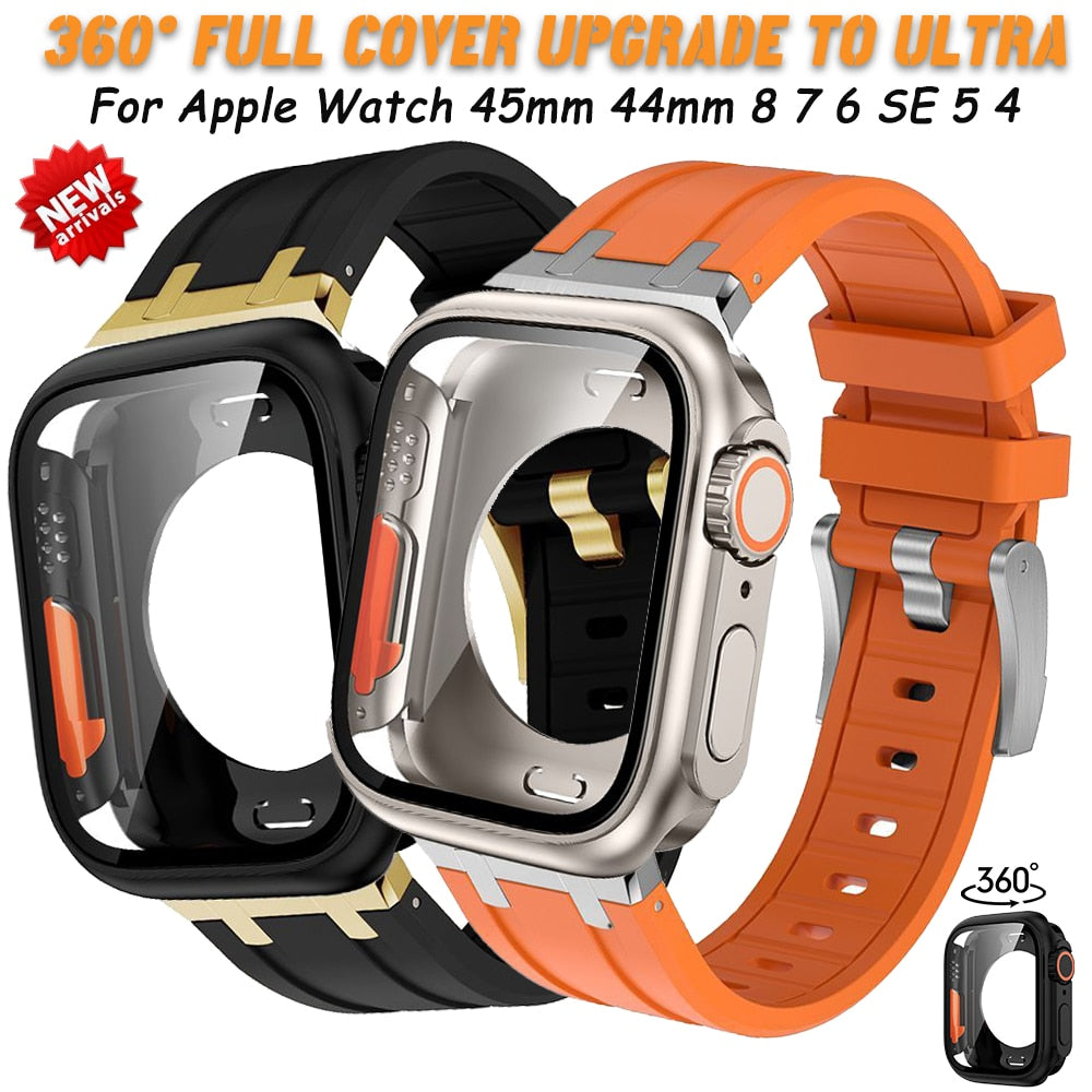 360 Full Protector Change To Ultra Case for Apple Watch 45mm 44mm 8 7 6 SE 5 4 1:1 Appearance Protective Film Rubber Bracelet