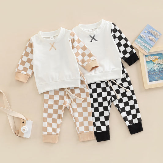 2022-07-16 Lioraitiin 0-3Years Toddler’s 2Pcs Clothes Set Fashion Checkerboard Printed Long Sleeve Tops Tie-up Long Pants