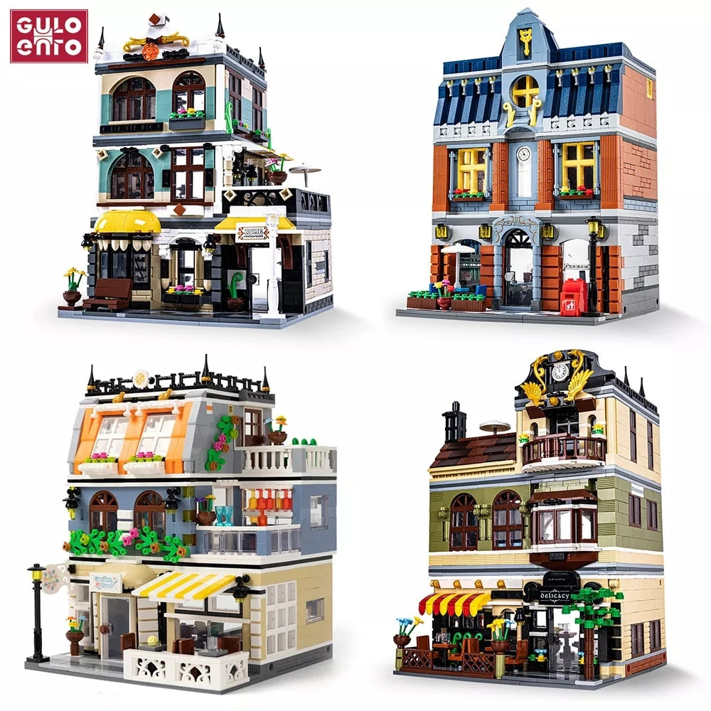 GULOGULO City Street View Building Blocks CAFE Shop Garden Hotel Restaurant Store Architecture Bricks Model Toy Gift For Kid