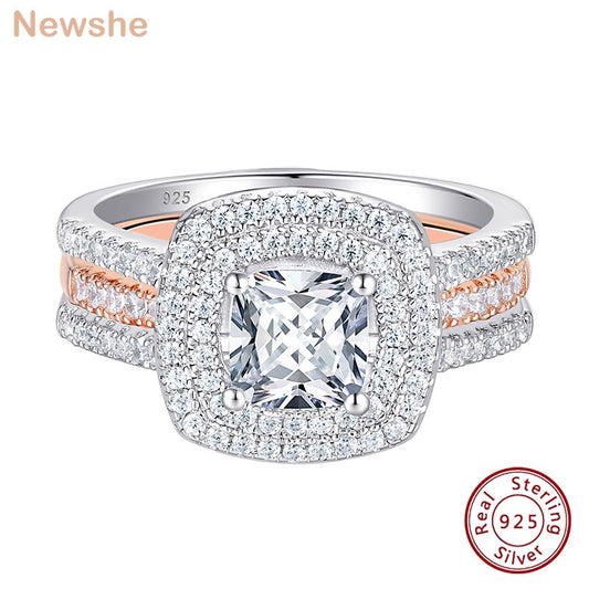 Newshe Halo Cushion Cut Bridal Set Solid 925 Sterling Silver Plug-in Rose Gold Wedding Ring For Women Brilliant Cz