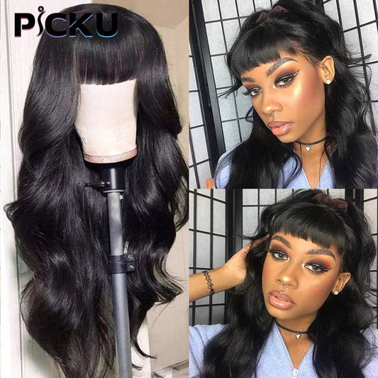 250 Density Body Wave Wig Malaysian Remy Loose Water Wave Human Hair Wigs With Bangs Human Hair Wig For Women 30 Inch Fringe Wig