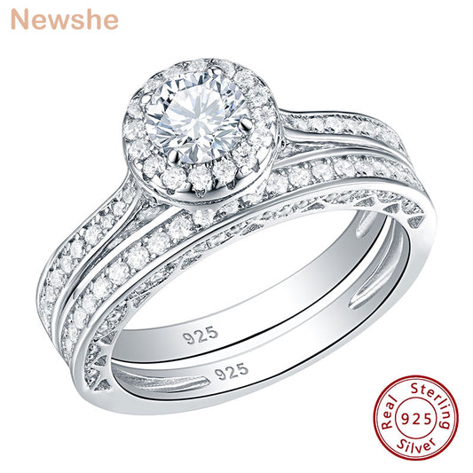 Newshe 2 Pieces Wedding Rings Set for Women 925 Sterling Silver 1.88Ct Brilliant Round White AAAAA Cz Size 4-13