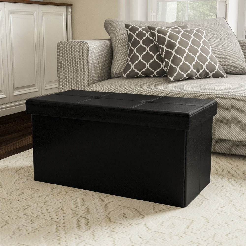 Foldable Storage Bench Ottoman ? Tufted Faux Leather Organizer By Lavish Home (Black)