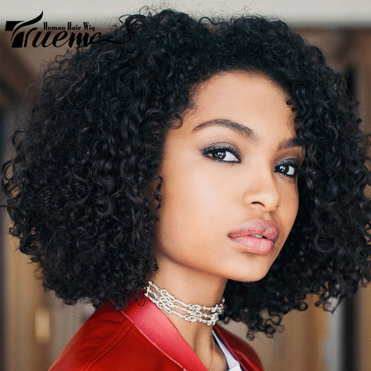 Trueme Short Jerry Curly Bob Human Hair Wigs With Bangs Brazilian Human Hair Wig For Black Women Kinky Curly Pixie Cut Bob Wig