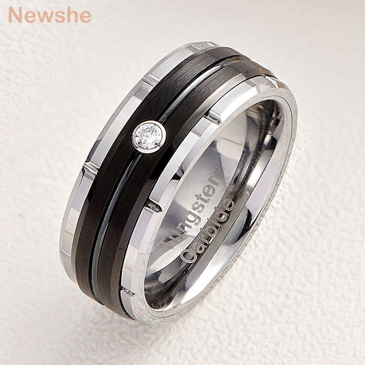 Newshe Black/ Rose/White Gold Color Men's Wedding Band 8mm Matte Brushed Tungsten Rings for Him Cubic Zircon Size 8-13