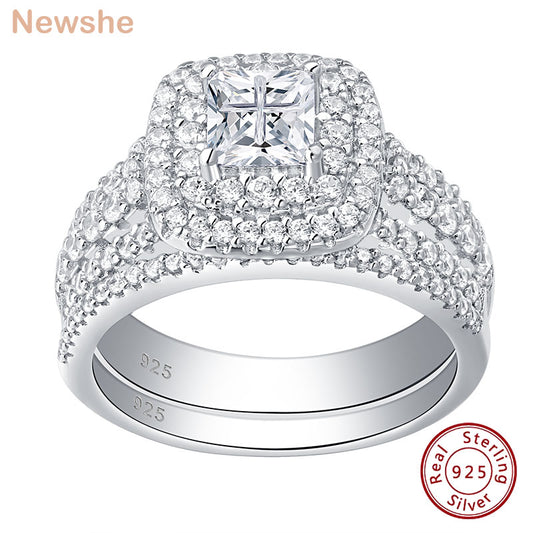 Newshe 925 Sterling Silver Halo Wedding Ring Set for Women Elegant Jewelry Princess Cross Cut AAAAA CZ Engagement Rings