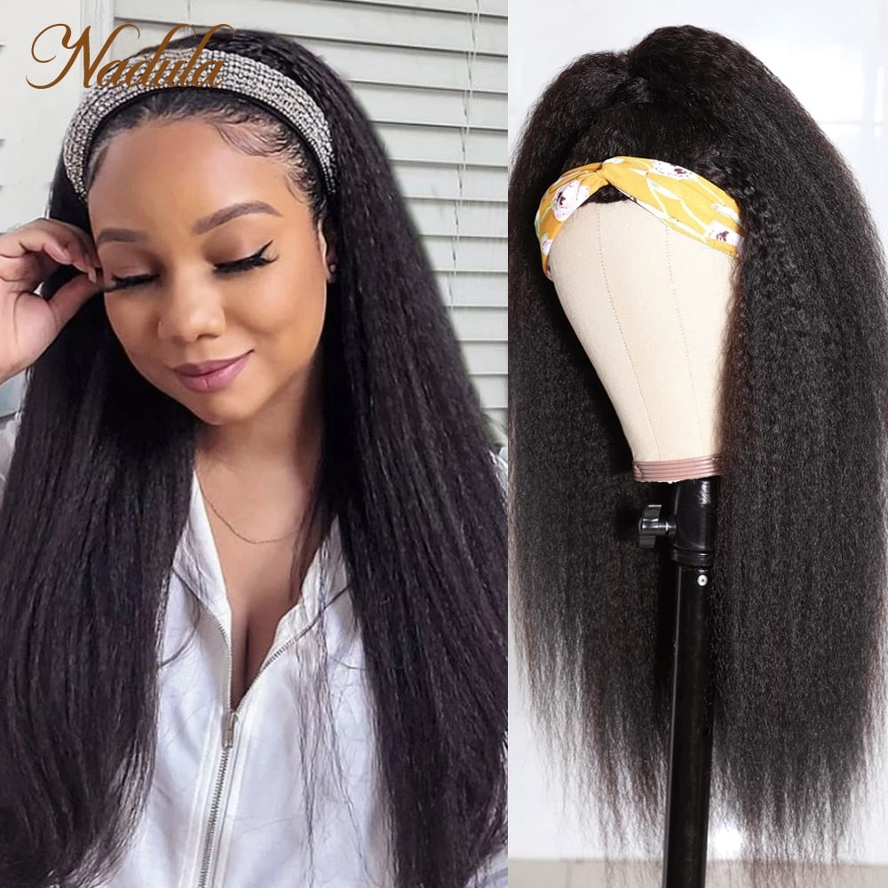 Kinky Straight 3/4 Half Wig Human Hair Nadula Hair Headband Wigs for Black Women Brazilian Headband Wig Human Hair Natural Color