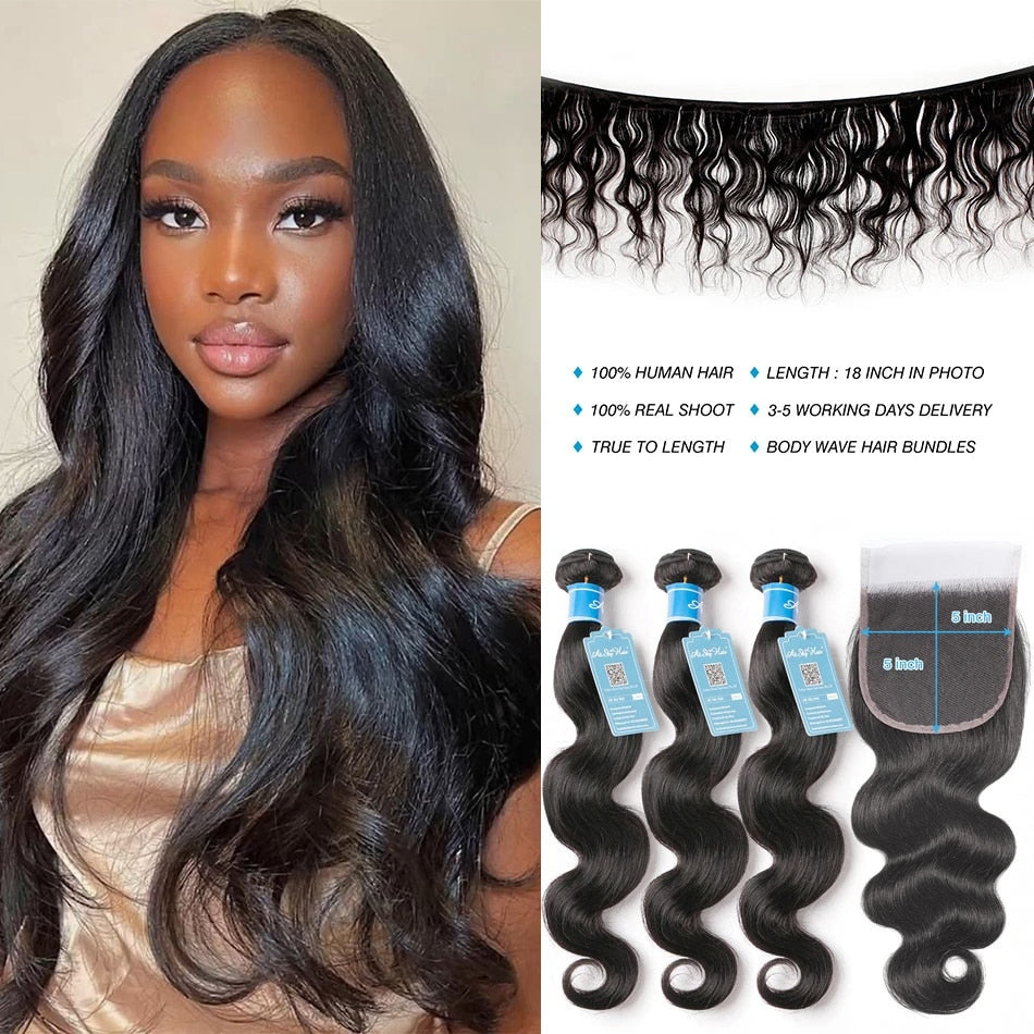 28 30inch Body Wave Bundles With Closure 5x5 Transparent HD Lace Brazilian Hair Human Hair Closure with Bundles 100% Remy Hair