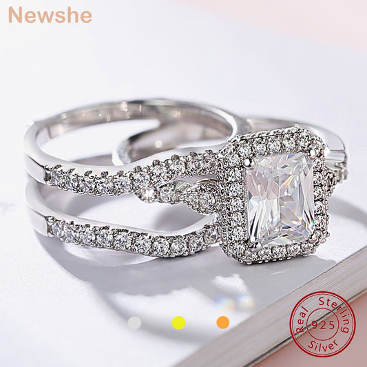 Newshe Multi-color Grand AAAAA Grade CZ Radiant Cut Wedding Rings Set for Women Solid 925 Sterling Silver Detachable Guard Band