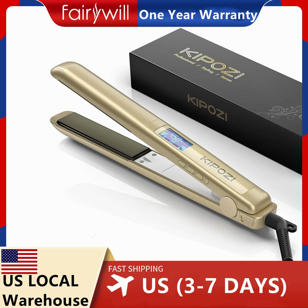 KIPOZI Professional Hair Straightener Titanium Plate Flat Iron with LCD Digital Screen Dual Voltage Hair Tool Fast Heating