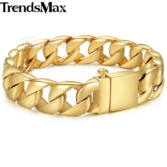 Men's Bracelets Hiphop Gold Color Curb Cuban Link Chain 316L Stainless Steel Bracelet For Male Jewelry Wholesale 15mm KHB123